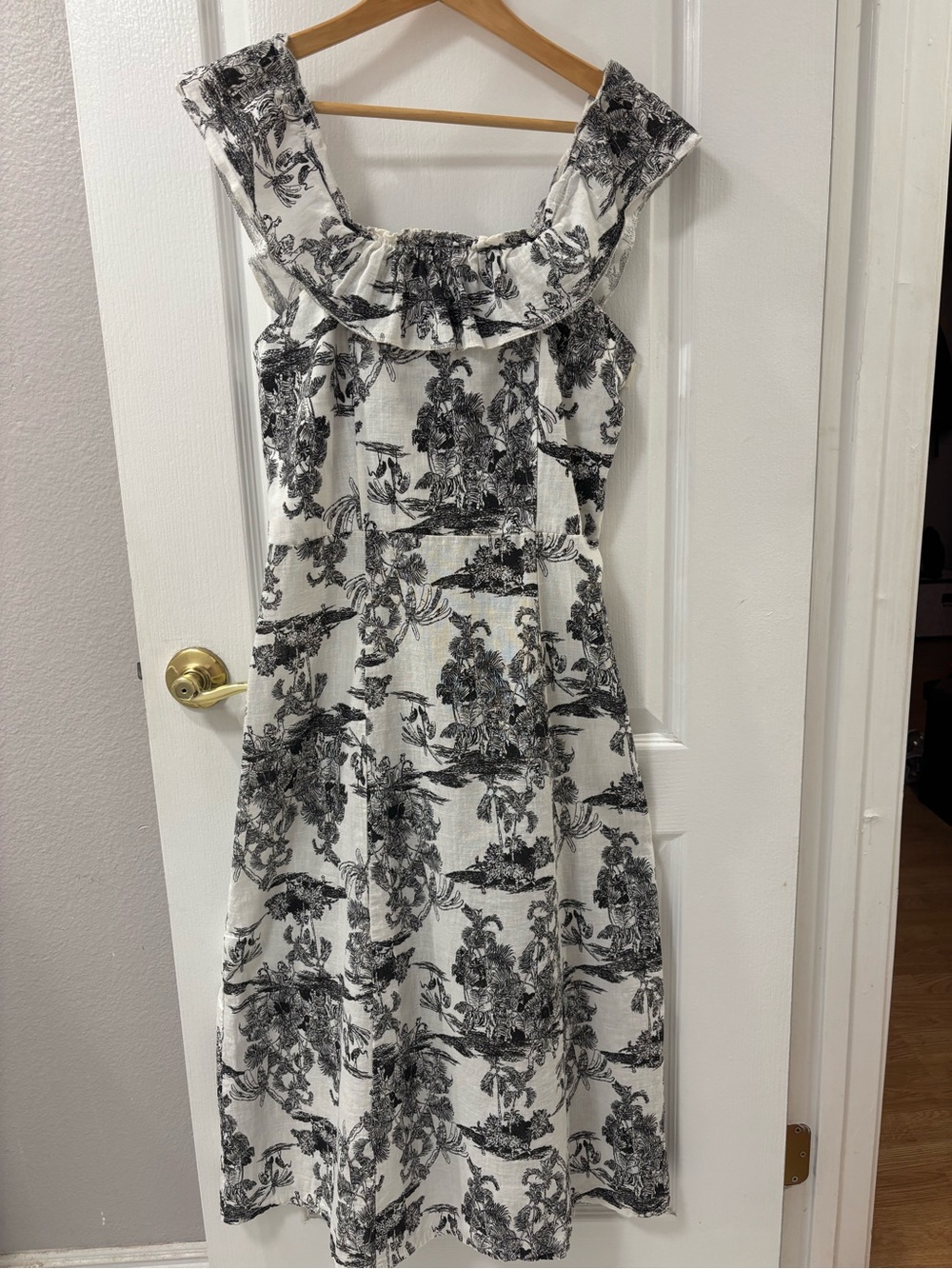 NWT Francesca Bettini Toile Linen Cotton Black & Ivory Midi Dress Smocked Back